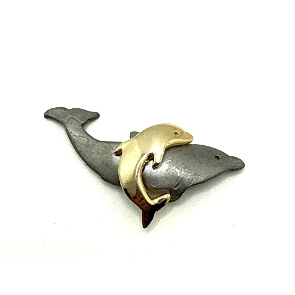 Vintage ULTRA CRAFT Mother and Baby Dolphins Brooch Pewter & Gold Tone Pin 2.5"